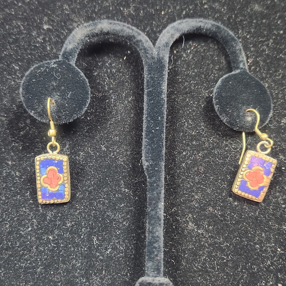 Vintage‎ Brass Mosaic Inlay Drop Earrings Blue Red Stone Rectangular Boho Dangle - Picture 4 of 10